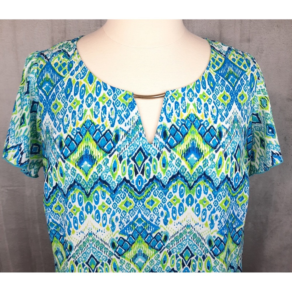 Zac & Rachel Top Womens Size 1X‎ Blue Lime Green Ikat Print Boho Artsy Career